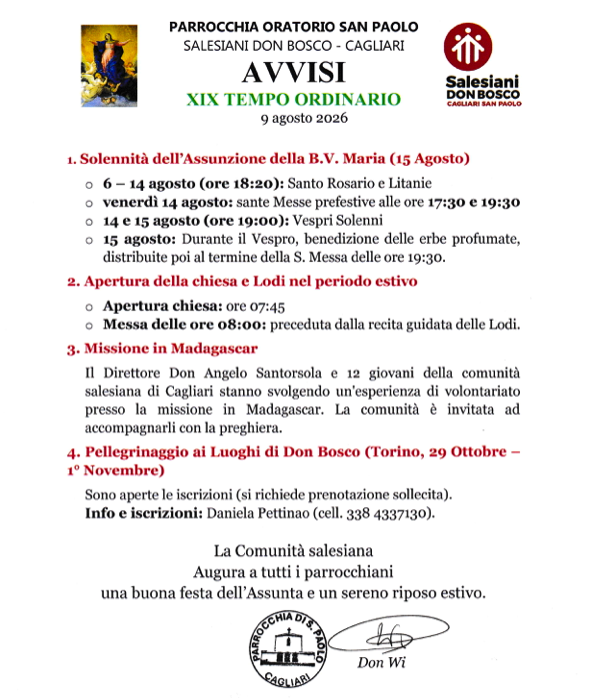 AVVISI - XIX Tempo Ordinario