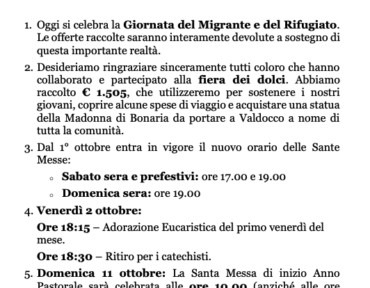 Avvisi – XXVI Tempo Ordinario