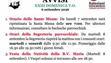 AVVISI – XXIII Domenica Tempo Ordinario