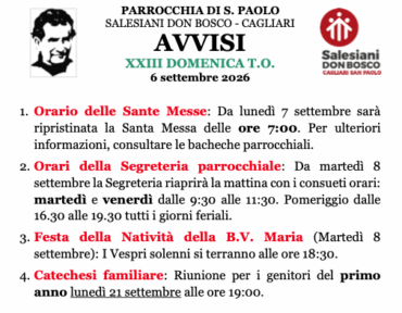 AVVISI – XXIII Domenica Tempo Ordinario