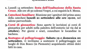 AVVISI – XXIV Tempo Ordinario