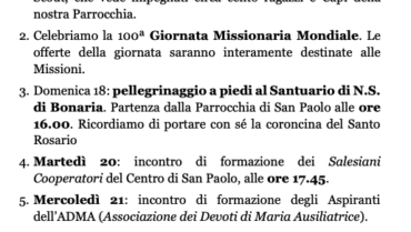 AVVISI – XIXX Tempo Ordinario – 18 Ottobre