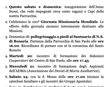 AVVISI – XIXX Tempo Ordinario – 18 Ottobre