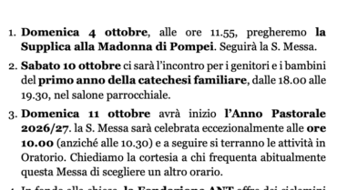 AVVISI – XXVII Tempo Ordinario
